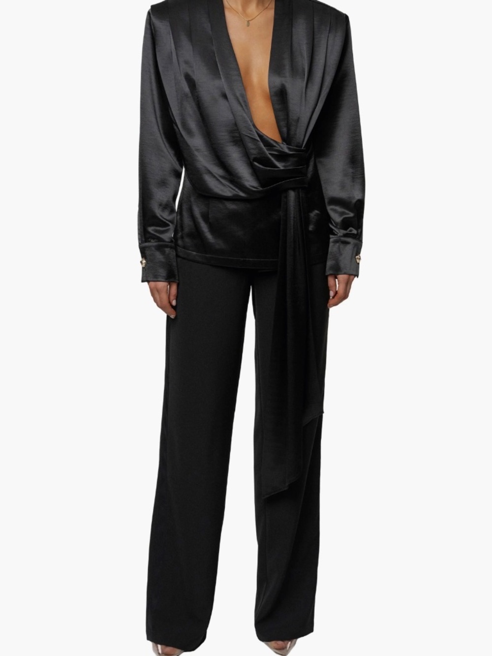 Jluxlabel- Black Statement Draped Satin Top - Picture 4 of 4